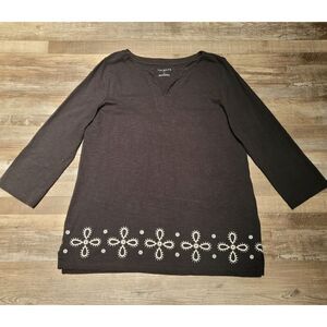 Talbots Top Women M Black Split Neck Embroidered Tunic Flower Boho